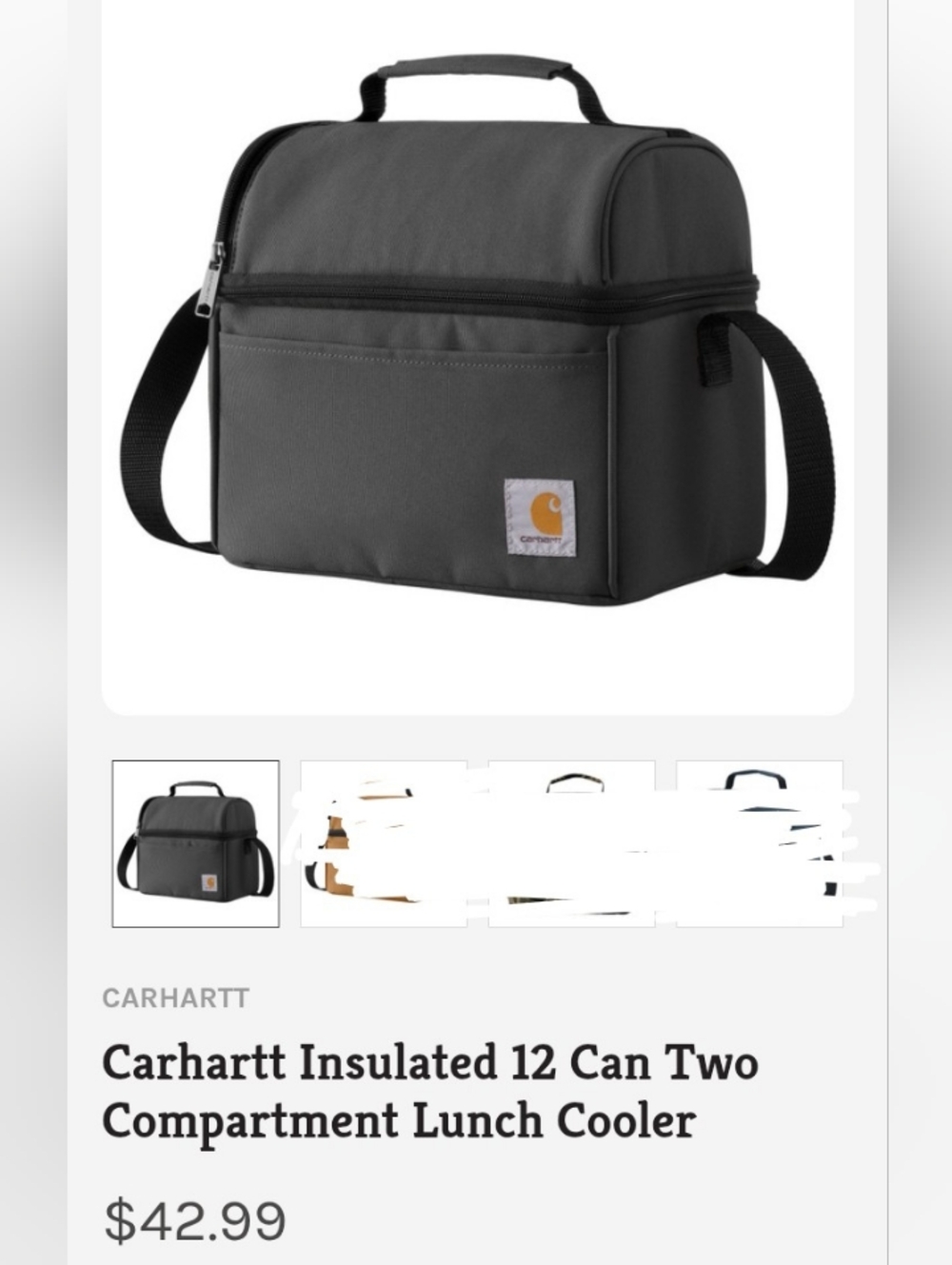 Carhartt 12 Can Insulated Lunch Box Cooler, 2 Compartments Grey New WIth Tags